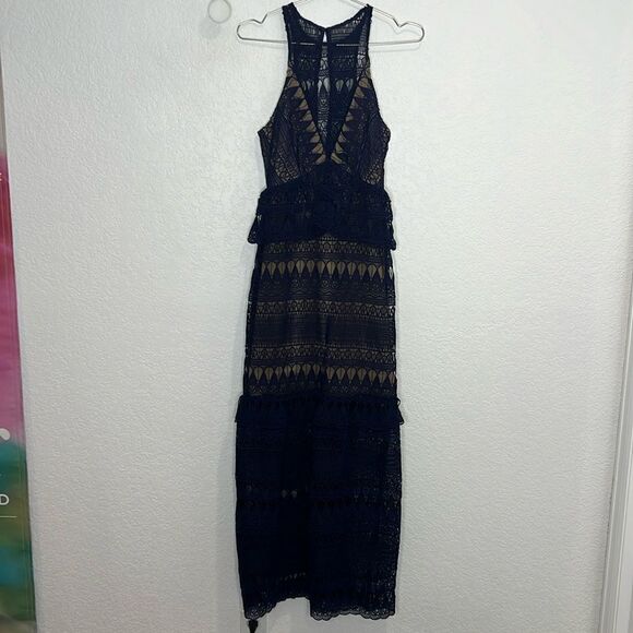 New SELF-PORTRAIT Teardrop Guipere Paneled Maxi Dress Navy Size 0 - Picture 2 of 16